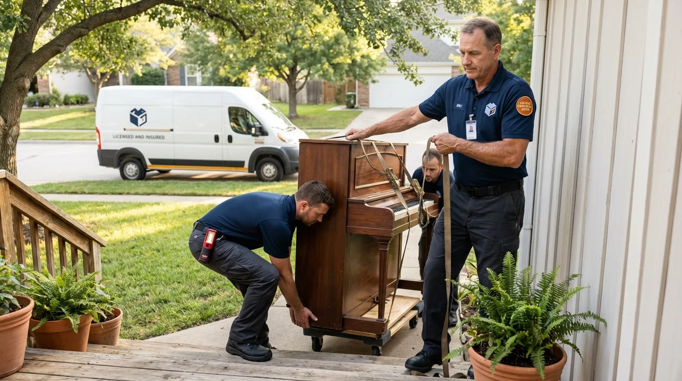 Licensed piano movers securing grand piano in Unionville, MO