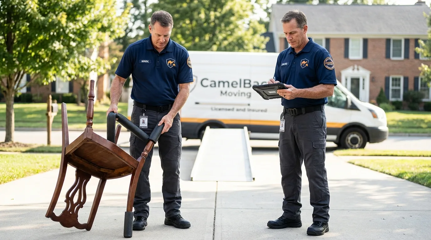 Movers inspecting furniture for damage prevention before loading in Unionville, MO